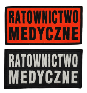RATOWNICTWO MEDYCZNE (u góry czarna nitka na tkaninie FLUO; niżej litery BRUDNA BIEL na czarnym tle, oba z haftowaną czarną ramką)