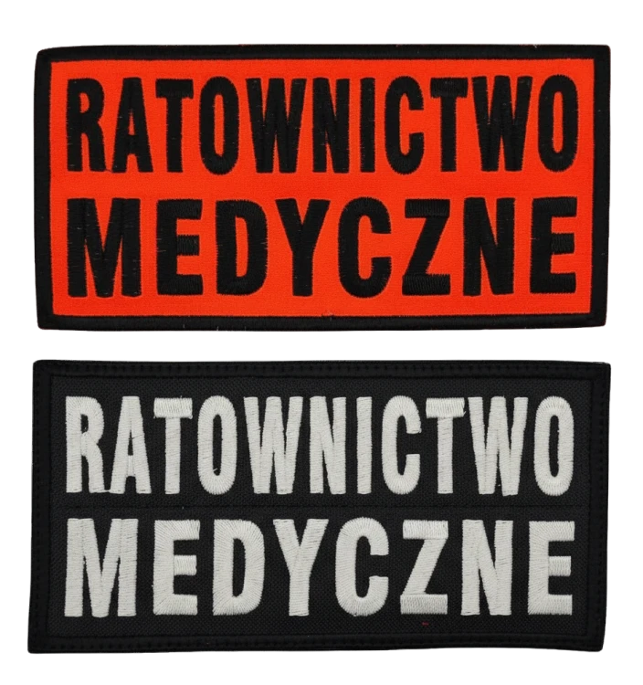 RATOWNICTWO MEDYCZNE (u góry czarna nitka na tkaninie FLUO; niżej litery BRUDNA BIEL na czarnym tle, oba z haftowaną czarną ramką)